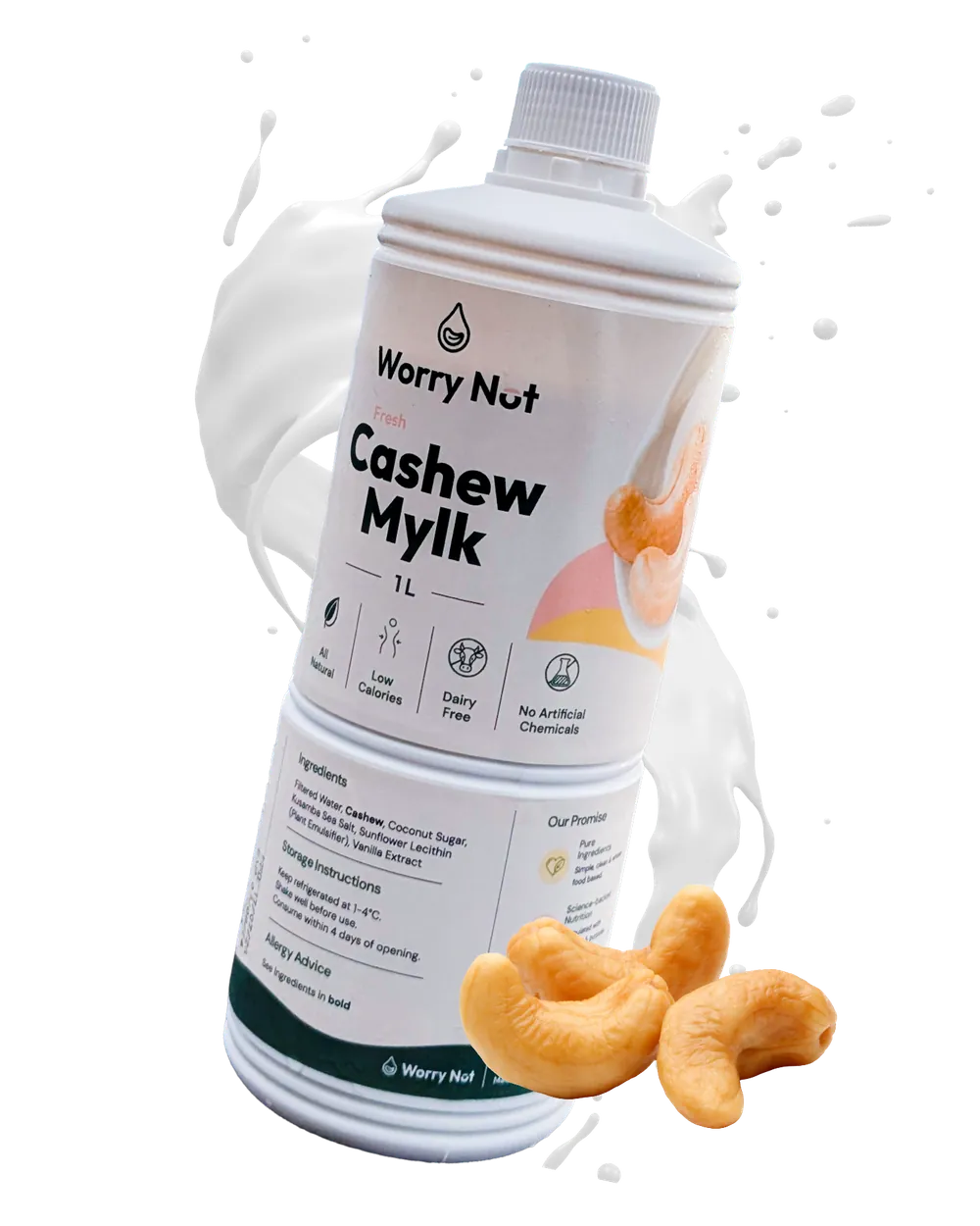 Worry Nut fresh cashew mylk bottle with milk splash